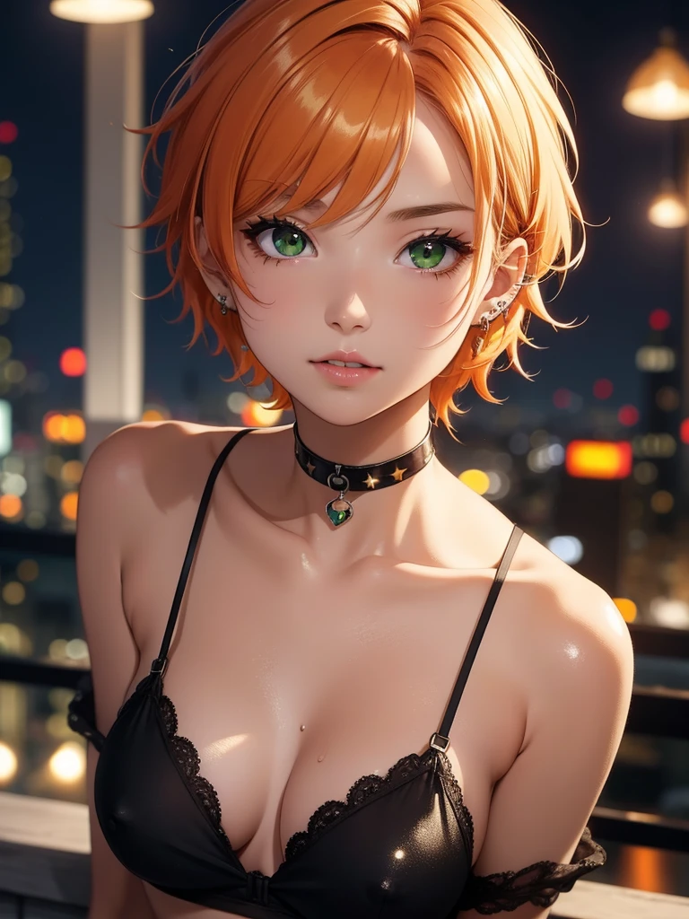 super high image, super detail, super high resolution, cute 18 year old girl, skinny, small breasts, no cleavage, facial close-up, moist shiny lips, leaning in to kiss, seductive look, light-orange hair, messy wild short hair, green sparkling eyes, glossy dark eyeshadow, shiny skin, piercings, choker, perky nipples, camisole, night time, city in background