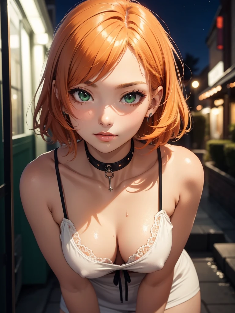 super high image, super detail, super high resolution, cute 18 year old girl, skinny, small breasts, no cleavage, facial close-up, moist shiny lips, leaning in to kiss, seductive look, light-orange hair, messy wild short hair, green sparkling eyes, glossy dark eyeshadow, shiny skin, piercings, choker, perky nipples, camisole, night time, city in background