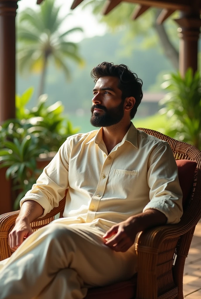 A dashing, handsome man with a well-groomed like kerala doti and shirt, beautiful beard is seated in a classic, elegant chair, positioned with one leg casually draped over the other. He holds a cigarette with a relaxed, confident posture, exuding an air of sophistication. The scene is set in an inviting sit-out area with a backdrop of picturesque Kerala scenery, showcasing lush greenery, serene backwaters, and traditional Kerala architecture. The man’s attire is refined yet stylish, complementing the natural beauty around him. The setting combines the serene ambiance of Kerala with the subject's distinguished presence, creating a perfect blend of elegance and tranquility.
Keywords for Visual Elements:
Handsome man: Well-groomed beard, confident demeanor wearing kerala doti and shirt
Chair: Classic, elegant
Pose: One leg over the other, holding a cigarette
Kerala scenery: Lush greenery, backwaters, traditional architecture
Attire: Refined and stylish
Ambiance: Serene, sophisticated, tranquil
Description:
The image captures a moment of refined elegance and calm, with the backdrop of Kerala’s natural beauty enhancing the subject's distinguished presence
