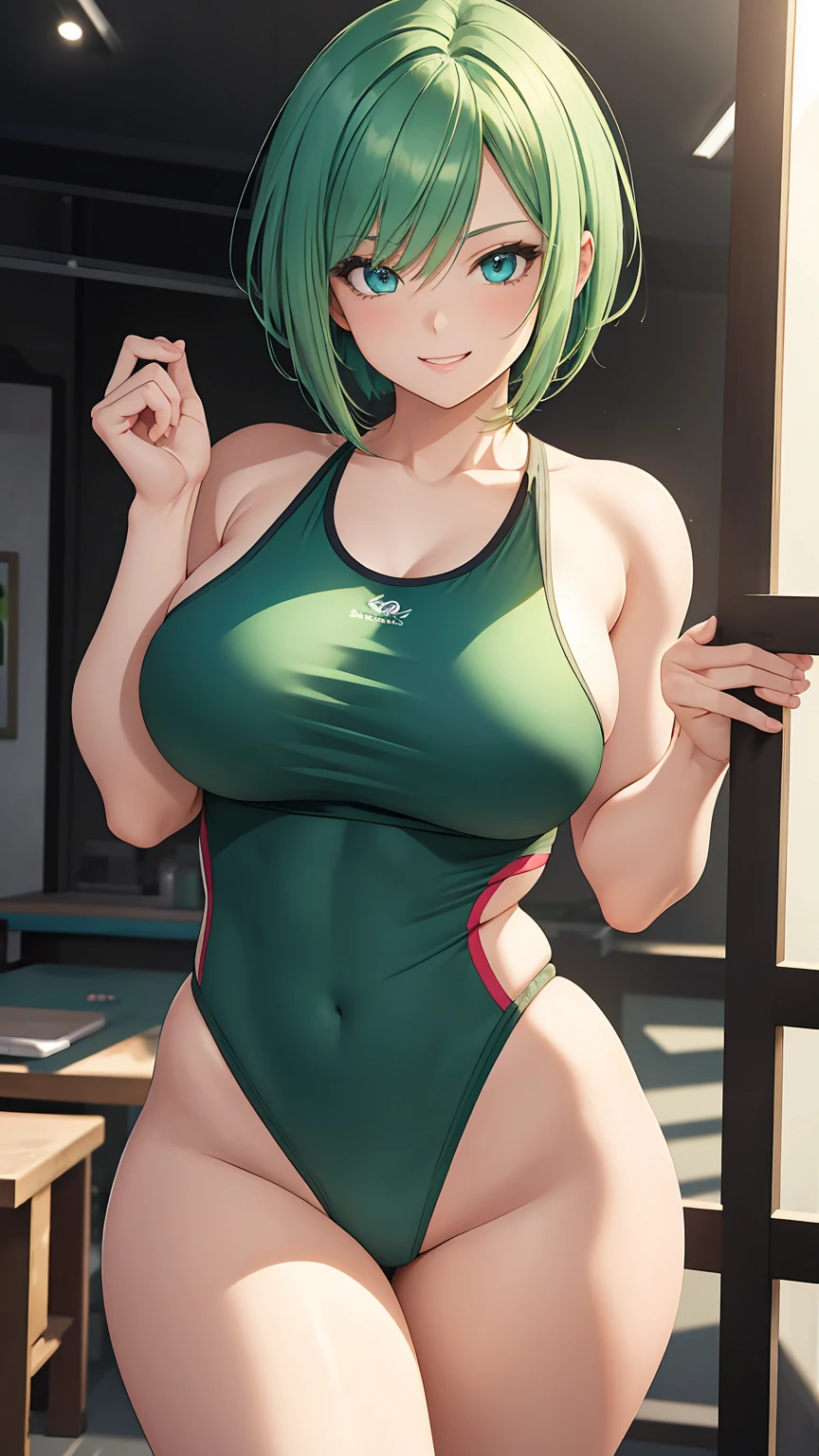 A beautiful green hair woman with short hair and deep blue eyes, gazing condescendingly at the viewer with a cute grinning expression, extremely detailed and realistic, masterpiece quality, ultra-detailed, HDR, studio lighting, vivid colors, physically-based rendering, thick muscular thighs,Cute black gym clothes, large breast