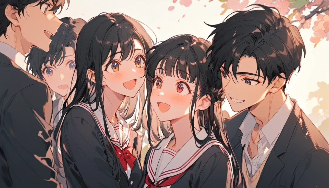 (Men and women), Black Hair, ((high school student, school uniform)), Look at each other, Laugh