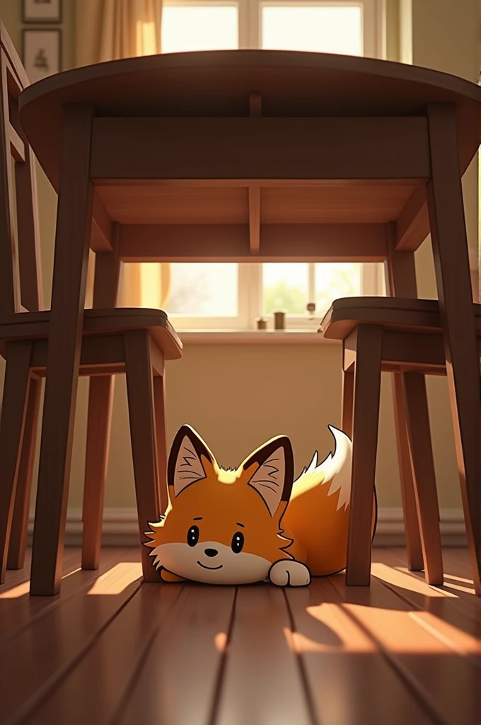 The viewer sitting under a kitchen table while tails the fox sits on the kitchens chair tucked in next it the table 