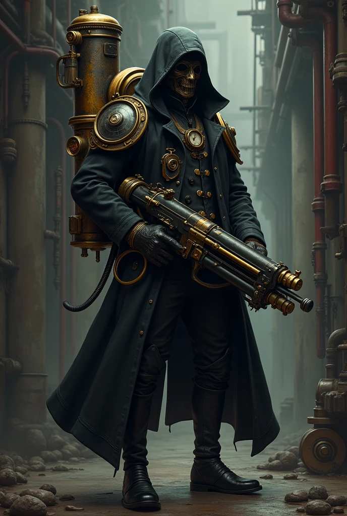 Make a steampunk character with a gas-powered gun loading tube 
 on the back, wearing a black plague doctor-style coat and mask and with a gas-powered technological weapon for a 2D platform game