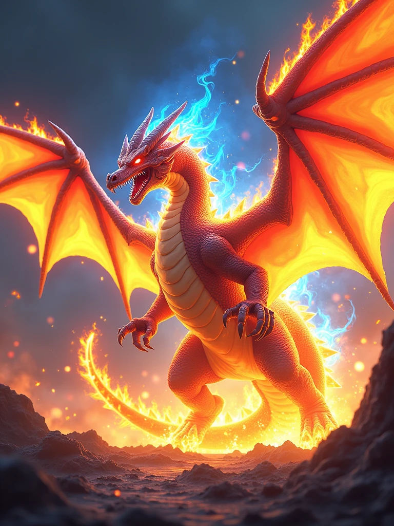 A breathtaking illustration of the Fire Dragon Kaiju, Firdran, with its entire body engulfed in a mesmerizing blend of yellow, orange, blue, and purple flames. The creature's large, outstretched wings, also composed of flames, are in constant motion, revealing its incredible speed and agility. Its reptilian head features a sharp beak and piercing eyes that emit an intense glow. With powerful and muscular limbs ending in destructive claws, Firdran exudes raw energy and untamed power. The overall impression of this majestic and menacing creature is one of awe, terror, and unstoppable force.