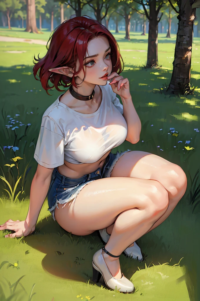 (large breasts 1.4), beautiful elf woman, ((Short Red Hair: 1.6, straight with shine)), bright blue eyes, bright eyes, double eyelids, light effect on eyes, detailed irises, sexy, curvy body, glasses,(( white tight tee shirt, choker, tiny denim shorts, black high heels, black silk stockings,)) ((stylish cropped top details, micro denim shorts, edgy sexy, sensual, Beautiful and cool, shorts)), ((Thick Thighs, Perfect butt, Ample Breast)) ((work of art, hyper-realistic, hyper detailed, Best quality, 16k, light and shadow on skin, vivid colors), eyeliner, Thin eyebrows, Sensual expression, perfect lips, sexy mature face, ((skin with light and shadow) flirting seductively with the viewer, lots of freckles, full lips, extreme blush, smile, ((kneeling on grass in forest)), daytime, noon, rays of light, masterpiece, ((Hands resting on top of chest, biting lower lip)) ((Side View)),