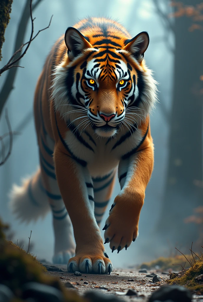 "Design a tiger and wolf fusion with glowing eyes and intertwined scales and fur, exuding raw, terrifying power."