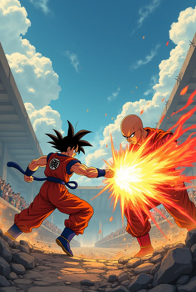 Goku and Saitama fighting with an audience behind them watching the fight on a destroyed grandstand 