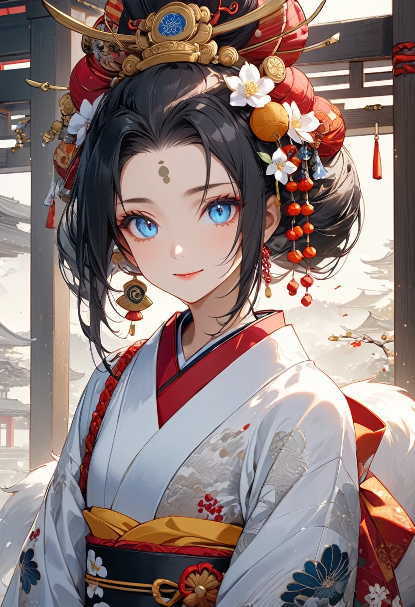 Ink painting, (((1 girl))), (((Tattoo in the middle of the forehead))),(((In the background is the Akatsuki moon))), (((Oiran))), (((Great hair accessories))), Demon possession, ((Masterpiece:1.2)), ((Highest quality)), Extremely detailed and delicate illustration style, Detailed leather texture, Detailed canvas texture, Very detailed description, (Masterpiece T), Extremely beautiful illustration, Highly detailed face, Raw image, professional, Ultra-high resolution panel, Complex details, Superior detail, Intricate decoration details, Perfect anatomy, real, (Very beautiful and cute black and white colored fox woman or girl with blue eyes wearing kimono), ((آذان الثعلب black hair, White hair, multicolor, the beautiful)), (Beautiful black and white colored fox tail), (black hair, White evil, Beautiful and shiny), (Beautiful and clear blue eyes), (Beautiful detailed eyes:1.6), (Traditional black and white detailed costume), Front view, White flower kimono, Black white colorful hakama long skirt, A maxi skirt, Modestly dressed, He smiles, ((Standing and looking at me)), ((The day)), (Extremely detailed and beautiful Japanese temple construction), (8K Highest quality wallpaper), (Extremely detailed and delicate background)