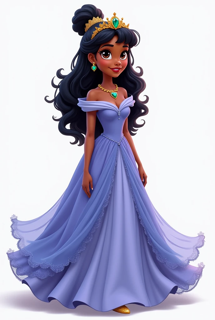 a princess in the disney pixar style, with emerald crown, light skinned black, blue lilac dress, long flowing dress, glass slipper, gold necklace with heart shaped pendant, curly hair with bangs made in a bun, da para ver sua glass slipper, no back ground, fundo png