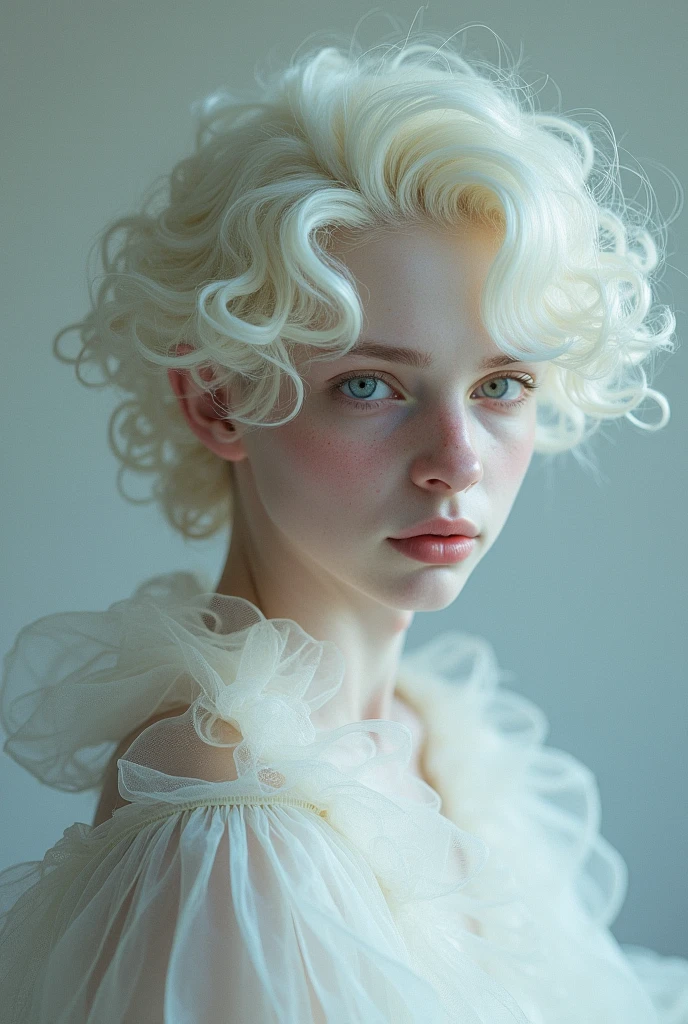 A teenage boy with white curly hair, white skin, white eyes