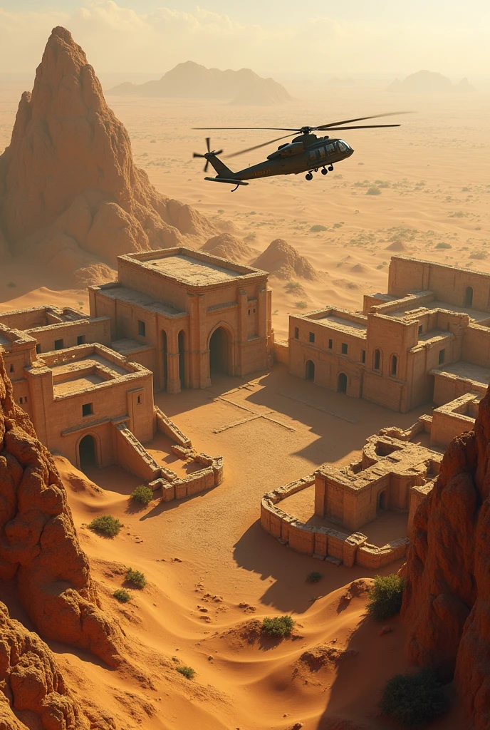 Aerial view of an African desert with a ruined city. A Tiger helicopter flies over the scene. 