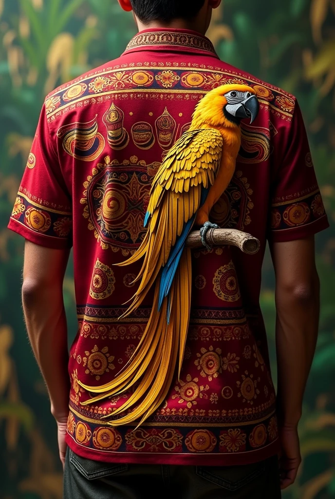 Dark red interclass shirt with indigenous details on the front and a golden macaw on the back