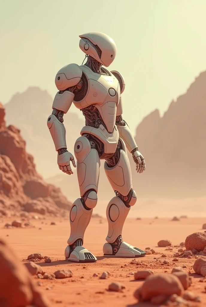 A sideways robot on Mars with pastel tone Standing