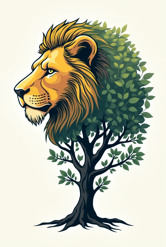 A vector of a lion's head becoming the life tree without colors