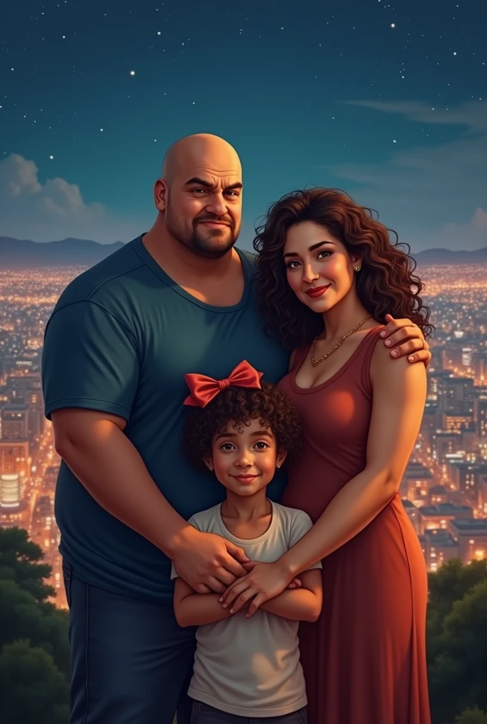 bald father, overweight mother strong son and 7 year old daughter curly hair with bow City of Belo Horizonte in Minas Gerais during the night c