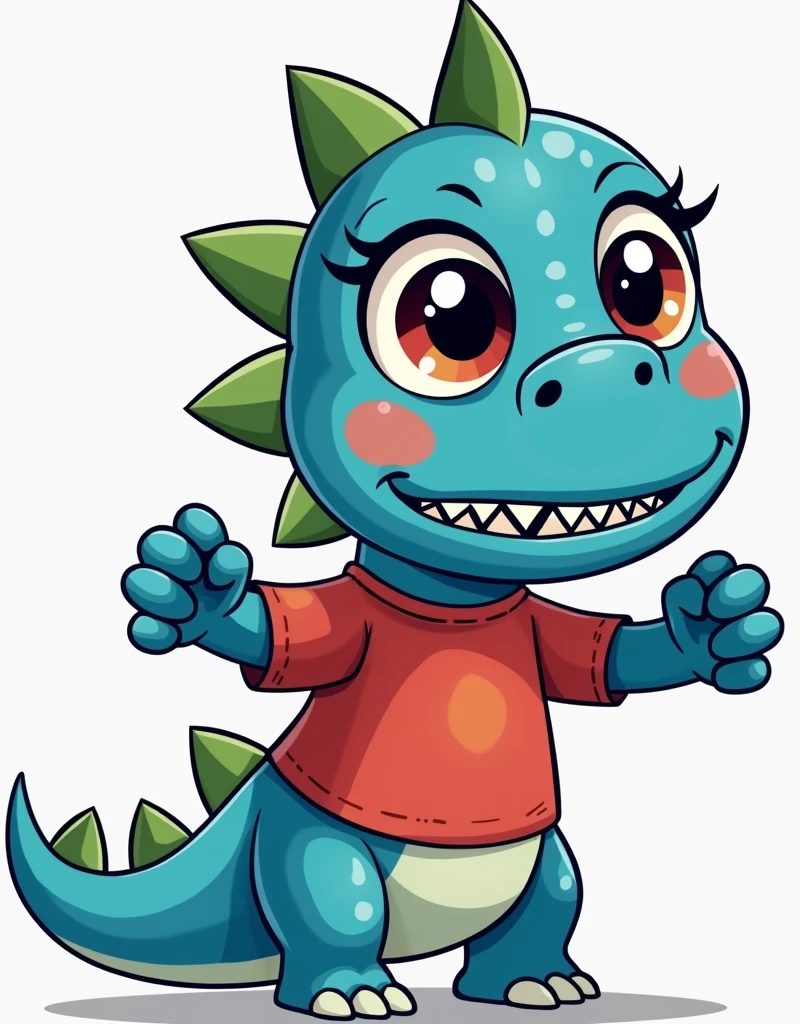 An illustration for children of a dinosaur, with the appearance of an , Very angry face, Very angry, no eyelashes, with red shirt, trouserless, blue skin, green dinosaur crests on the head and tail, full body, Hands clenched in a sign of rage, looking straight ahead, with an appearance of tenderness, White background