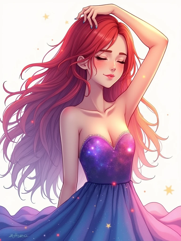 A hand-drawn image of a sexy female character with a galaxy-like hair. Her red hair transitions into a gradient of purples, blues, and oranges, resembling a nebula. She has a serene expression, with her eyes closed and her eyebrows slightly raised. The character is holding her hair up with one hand, revealing a strapless dress that mirrors the colors of the galaxy, blending seamlessly with her hair. The background is a soft white, allowing the character and her vivid hair to stand out prominently.