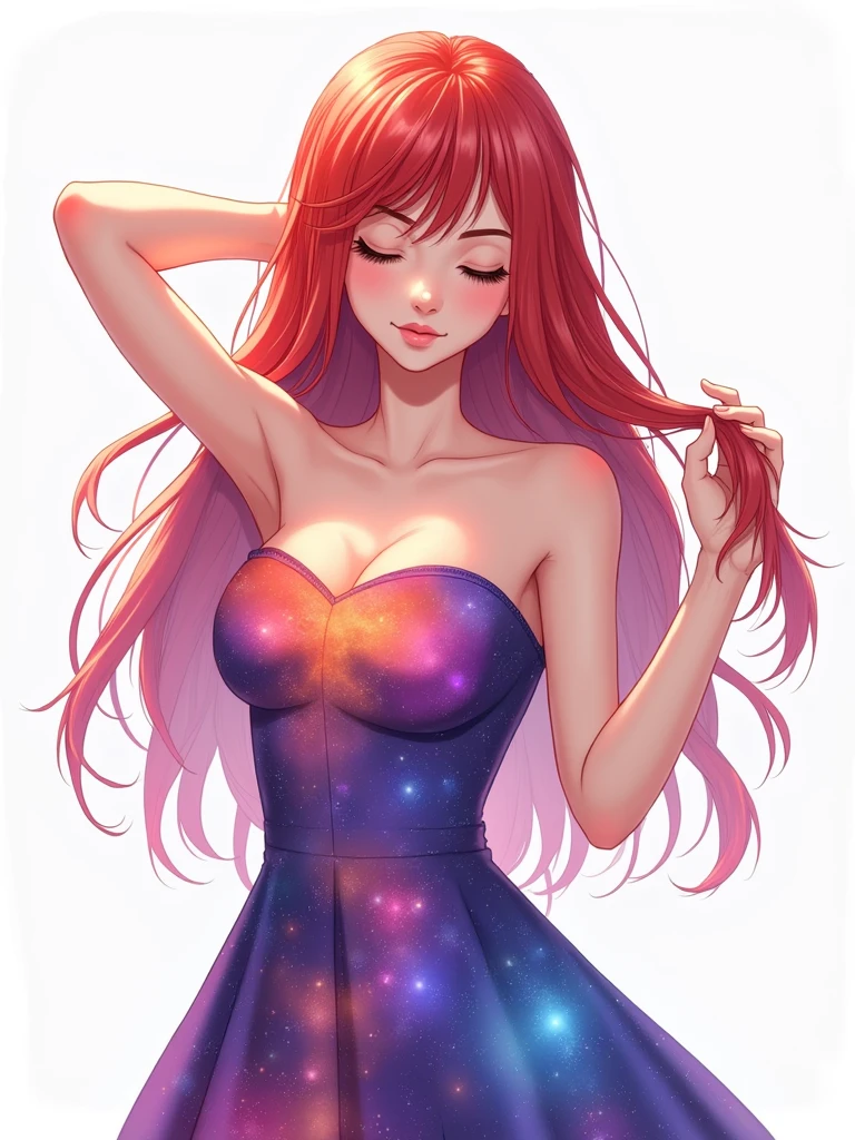 A hand-drawn image of a sexy female character with a galaxy-like hair. Her red hair transitions into a gradient of purples, blues, and oranges, resembling a nebula. She has a serene expression, with her eyes closed and her eyebrows slightly raised. The character is holding her hair up with one hand, revealing a strapless dress that mirrors the colors of the galaxy, blending seamlessly with her hair. The background is a soft white, allowing the character and her vivid hair to stand out prominently.