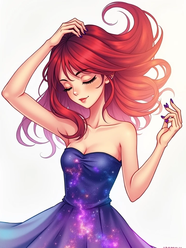 A hand-drawn image of a sexy female character with a galaxy-like hair. Her red hair transitions into a gradient of purples, blues, and oranges, resembling a nebula. She has a serene expression, with her eyes closed and her eyebrows slightly raised. The character is holding her hair up with one hand, revealing a strapless dress that mirrors the colors of the galaxy, blending seamlessly with her hair. The background is a soft white, allowing the character and her vivid hair to stand out prominently.