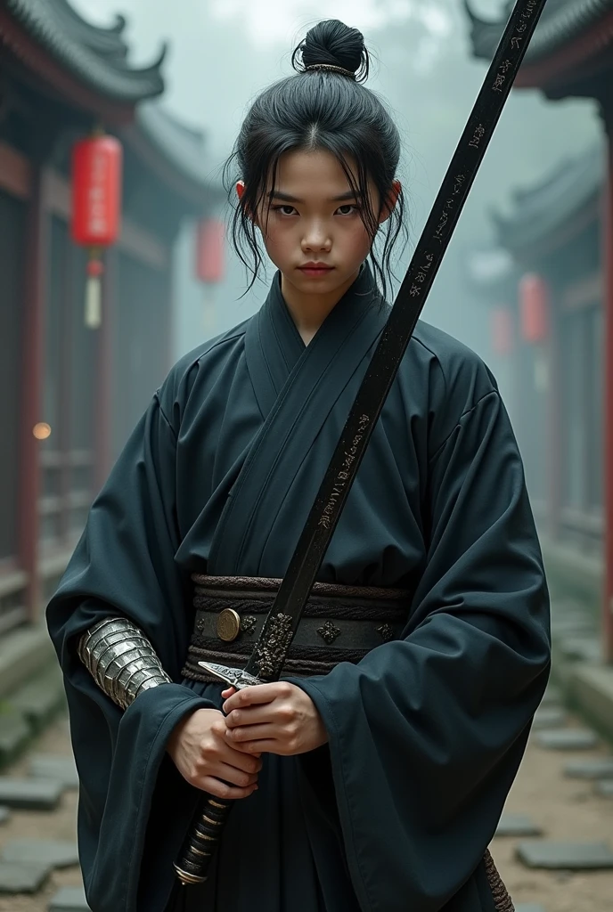 swordsmanship, Chinese, Youngh, holding black sword made of rose stem, with strange arm, black clothing, old