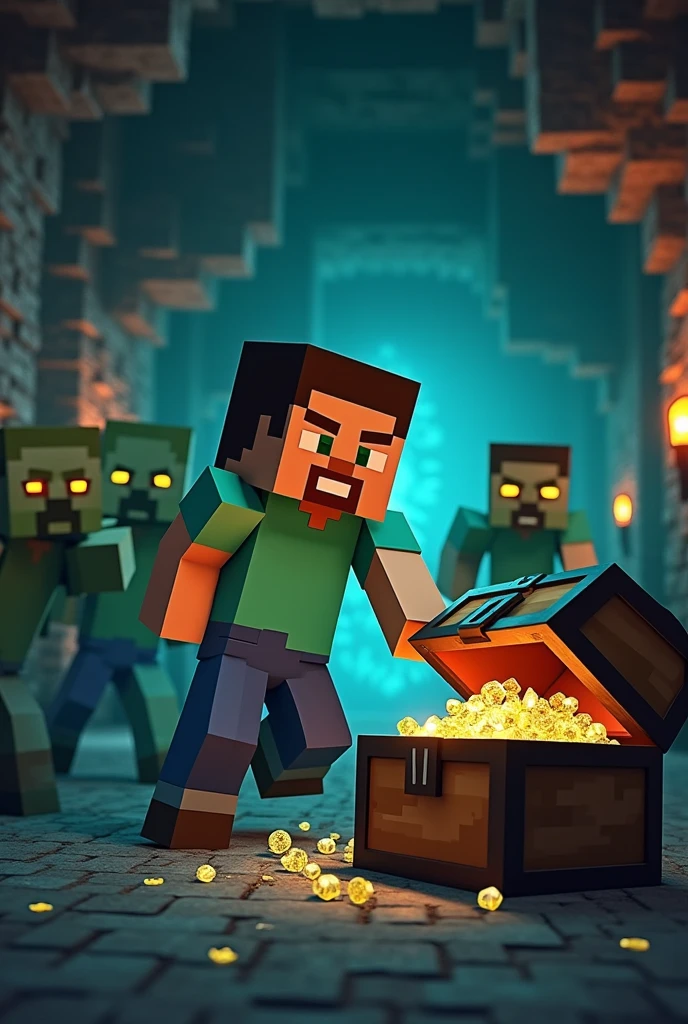 Minecraft Steve finding diamonds in a chest in a mine and zombies chasing him 