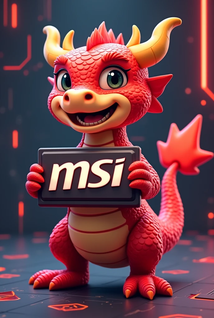 Lucky the dragon from MSI, in a playful, cartoonish style. He has bright red scales with a glossy finish and a cheerful expression. Lucky stands on his hind legs, proudly holding the MSI logo in his front claws. The background is simple, with subtle tech-inspired details like glowing circuit patterns and small neon accents. The scene captures the fun and energetic personality of Lucky, while also highlighting the technological essence of the MSI brand.