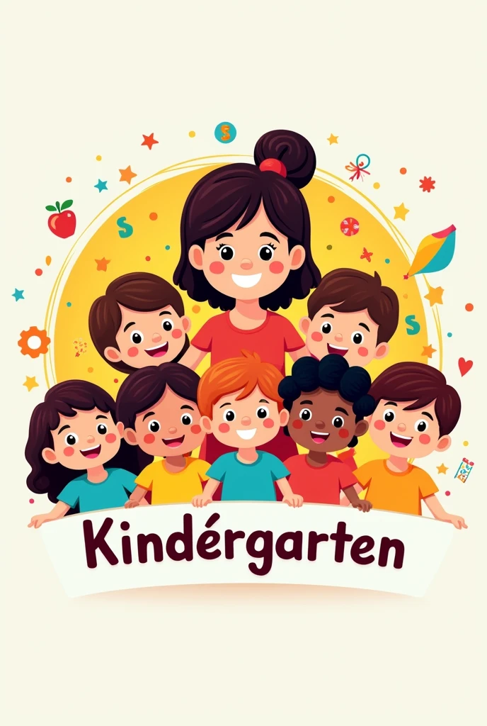 Logo for a kindergarten class with its teacher, children and the title that says Kindergarten in Spanish