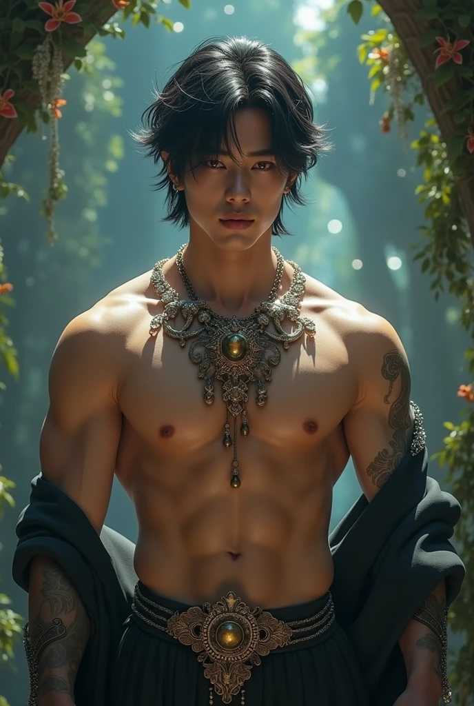 K-pop idol, male, Korean, shirtless, jewelry, dnd style, black hair, fantasy