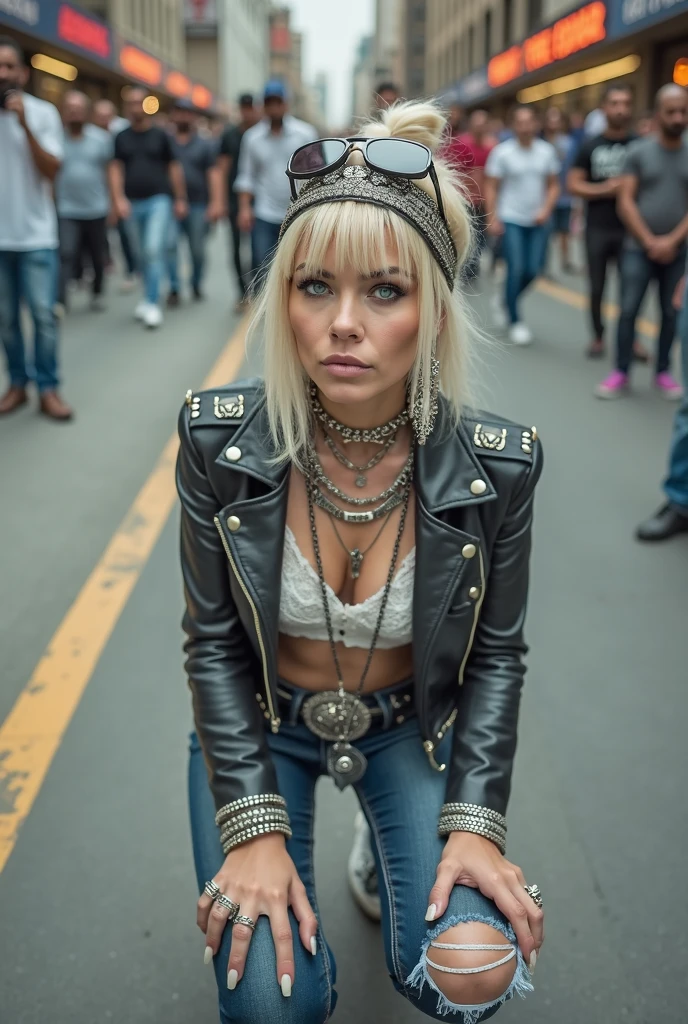 russian old milf woman, , blonde platinum hair (beehive bun) and oversized square sunglasses as headband), with very light green eyes, extremely pale. Wearing studded, padded shoulders, cropped black moto jacket (zippers on the sides, skull patches on the sleeves), dark burgundy lace lace push up bra, dark skinny low rise blue jeans with holes on knees .White tennis sneakers. Lots of thick wide studded bracelets, chain collars and big rings. Tacky wide studded leather belt with big eagle oval buckle. Long earrings with chains. Kneeling on a ragged usa flag, looking at the photographer. Hands on knees. Looking at the camera, Toned abdominals, thin neck, slim legs and thin arms. Narrow hips. Heavily tattooed on chest, hands, neck and arms. Crowded street of Saudi Arabia