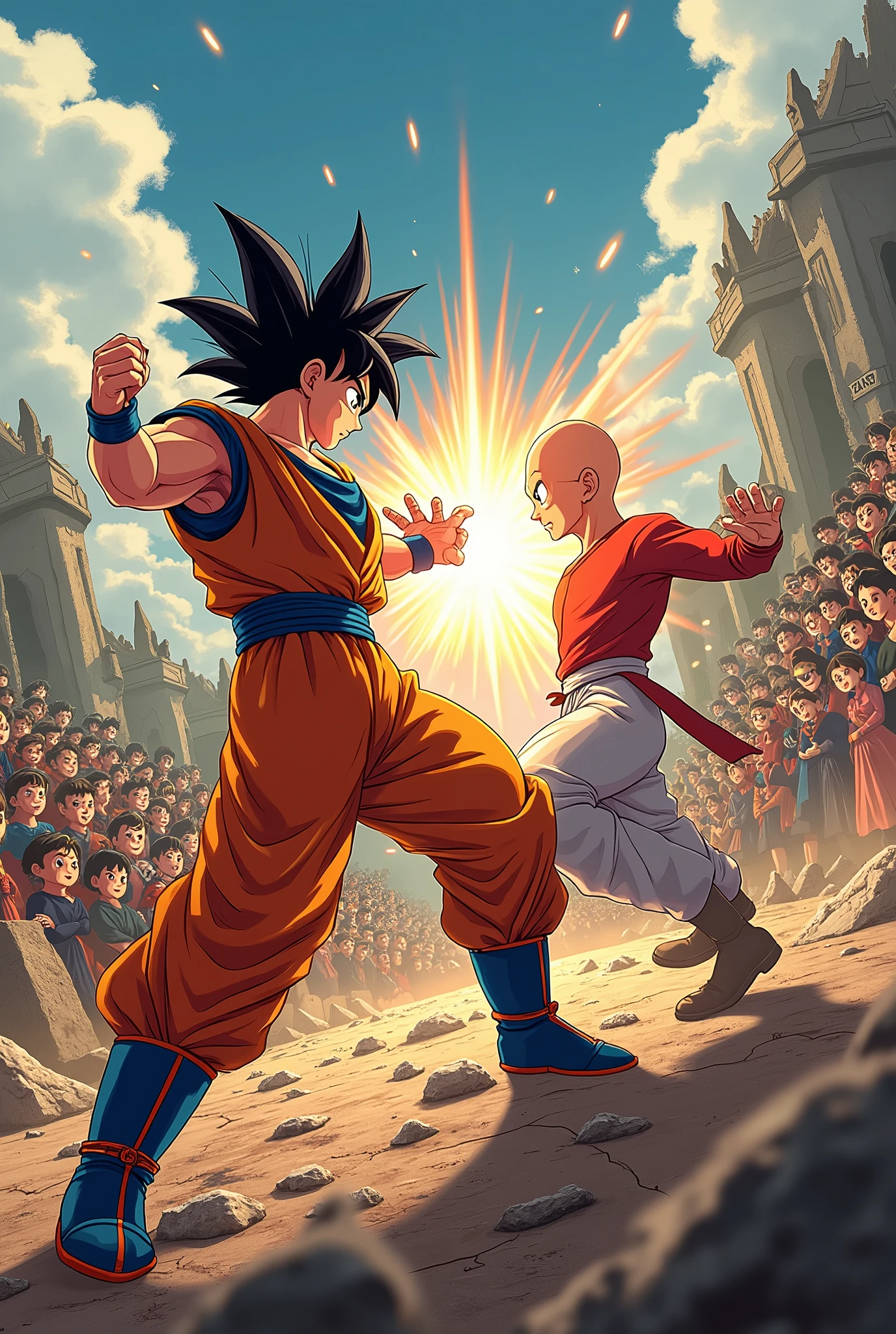 Goku and Saitama fighting with an audience behind them watching the fight on a destroyed grandstand