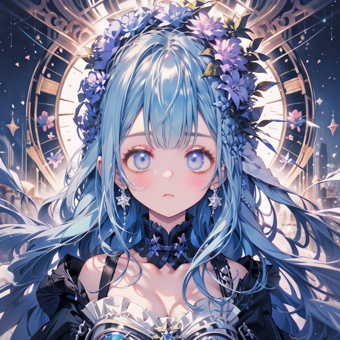 1 ,flowers on head,dark blue hair,Pink eyes,adorable,Decoration in the shape of a five-pointed star,Face portrait, detailed eyes, shiny eyes, pretty girl