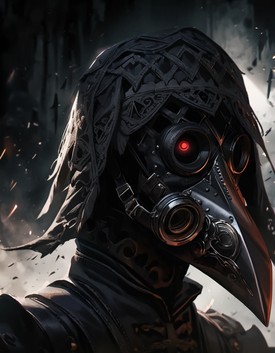 detailed plague doctor lamellar armor, (Iron reflective beak gas mask), WW2 gas mask with raven beak, Full face mask, portrait, white hair, red eyes , photorealistic, hyperrealistic, 8k, high quality, cinematic, dramatic lighting, dark fantasy, moody atmosphere, intricate details, gothic, ominous, mysterious, grim, menacing, foreboding, eerie, unsettling, somber, haunting, chiaroscuro, dramatic shadows, dramatic highlights, white metallic beak, white plague doctor, (Iron reflective metal, Iron beak)