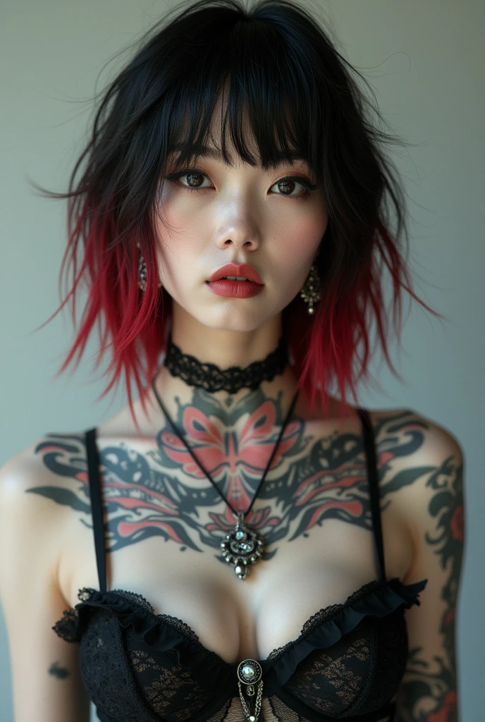 Beautiful Chinese goth girl, tall with pale white skin, black messy bob cut with red highlights, big lips,wearing leggings and bra top, beautiful Asian girl, stunning and realistic, full length facing camera, Chinese, goth, tattoo