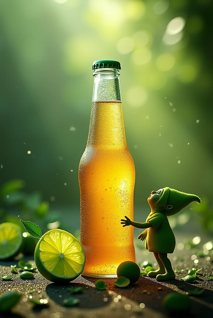there is a bottle of soda with cals and a slice of cal, elf, elf art, elf 2 d, dramatic product photography, advertising photography, sparkling dew, commercial product photography, elfs, advertising photo, some green, cal, render corona, Hyper realistic&quot;, Hyper realistic &quot;, to drink, made of to drink, promotional render, dramatic product photo, photographic render