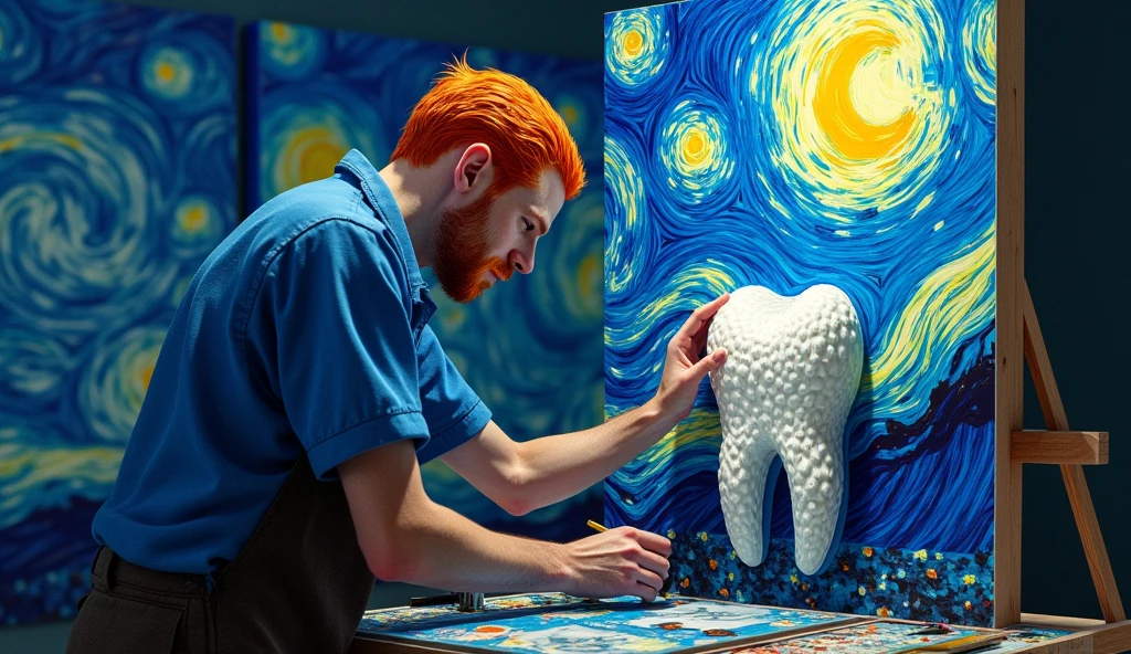 the painter van gogh with red hair, more adult personality, making a 3d tooth painting under the canvas with the starry night background