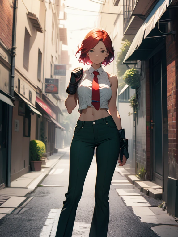 (((masterpiece))),  (((best quality))),  ((ultra-detailed)),  (illustration),  (detailed light), ((an extremely delicate and beautiful)), dramatic_shadow, ray_tracing, motion lines, looking at viewer, 1girl, solo, VanessaMS, Mature, red short hair, large breasts, bare shoulders, white shirt, red necktie, dark green pants, black straps, black loafers, visible bellybutton, standing, boxing pose, empty street, alleyroad, gloves