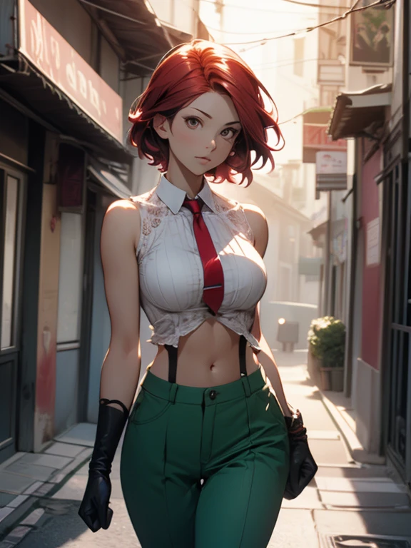 (((masterpiece))),  (((best quality))),  ((ultra-detailed)),  (illustration),  (detailed light), ((an extremely delicate and beautiful)), dramatic_shadow, ray_tracing, motion lines, looking at viewer, 1girl, solo, VanessaMS, Mature, red short hair, large breasts, bare shoulders, white shirt, red necktie, dark green pants, black straps, black loafers, visible bellybutton, standing, boxing pose, empty street, alleyroad, gloves