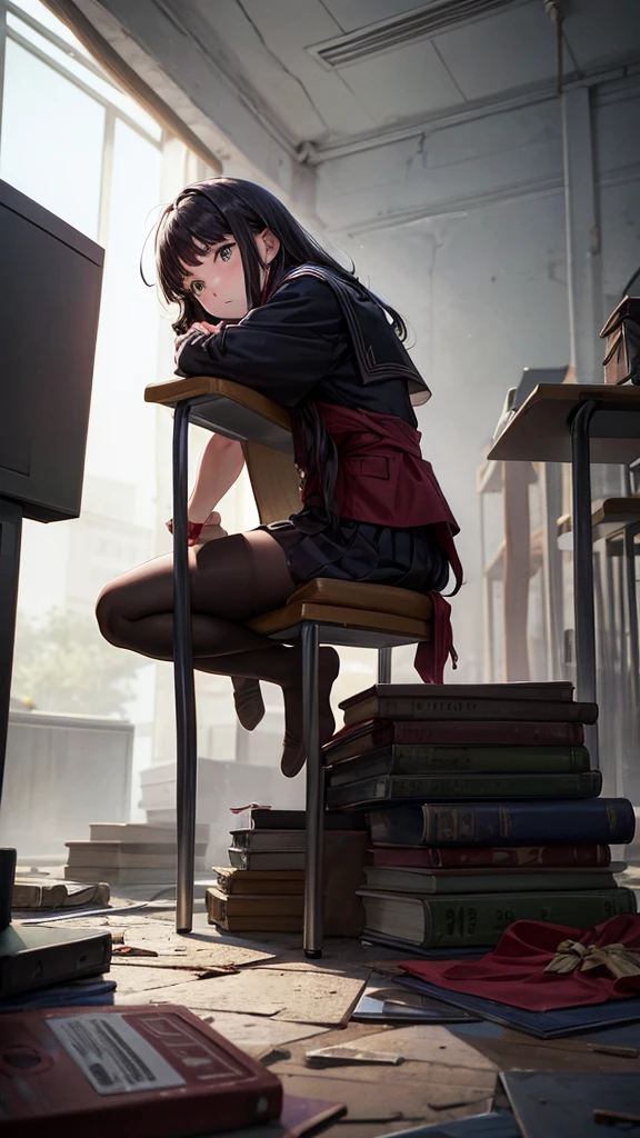 A student sitting on a pile of corpses