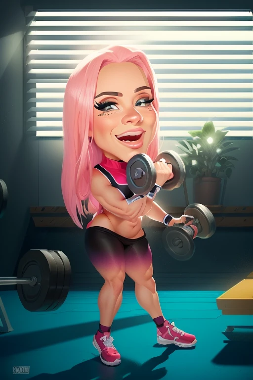 cartoon woman lifting dumbbells in a gym with a window, in cartoon style, estilo caricaturel, upper body avatar, cartoon style illustration, cartoon style, cartoon digital art, caricature, highly detailed cartoon, ilustração de caricature, cartoon portrait, desenho animado realista, caricature, cartoon art style, lifting weights, carla ortiz, working outside, body is strong and erect