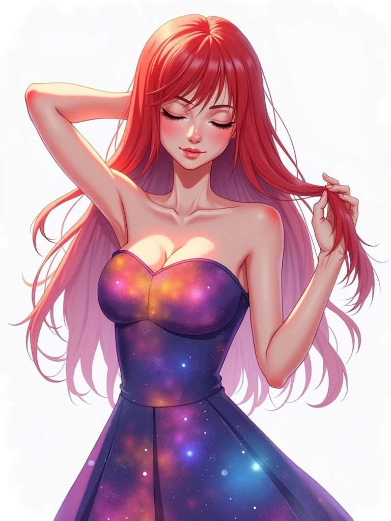 A hand-drawn image of a sexy female character with a galaxy-like hair. Her red hair transitions into a gradient of purples, blues, and oranges, resembling a nebula. She has a serene expression, with her eyes closed and her eyebrows slightly raised. The character is holding her hair up with one hand, revealing a strapless dress that mirrors the colors of the galaxy, blending seamlessly with her hair. The background is a soft white, allowing the character and her vivid hair to stand out prominently.