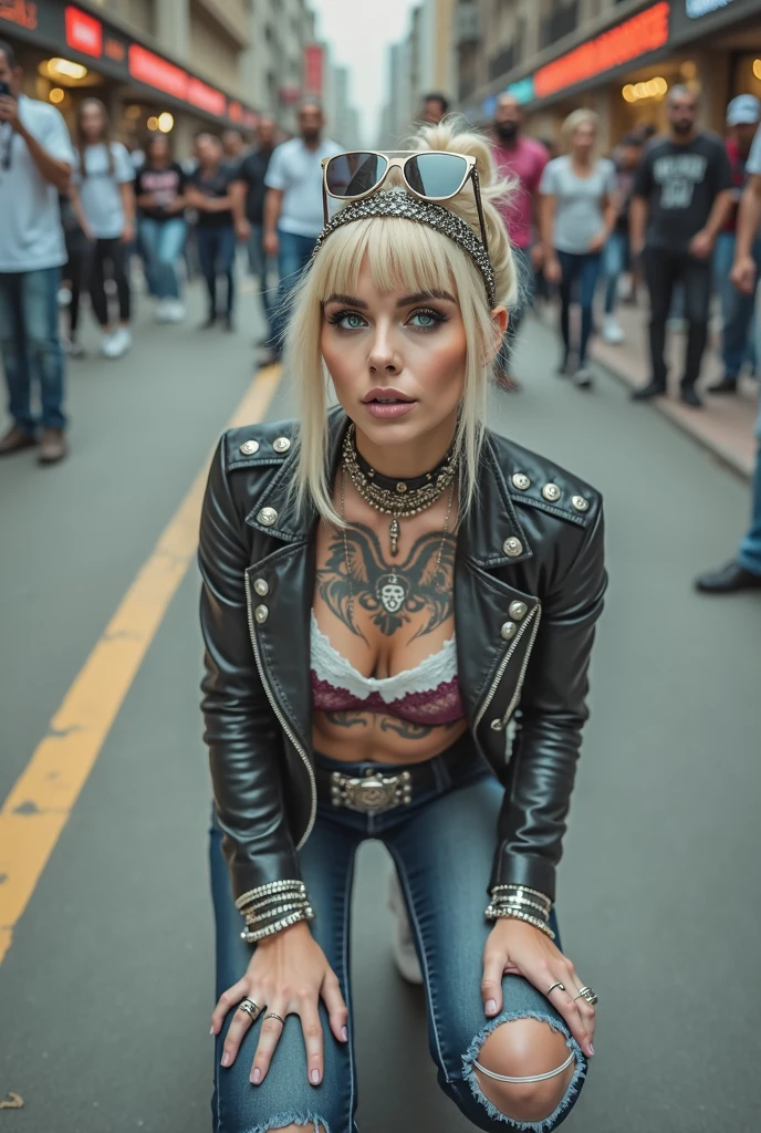 russian old milf woman, , blonde platinum hair (beehive bun) and oversized square sunglasses as headband), with very light green eyes, extremely pale. Wearing studded, padded shoulders,  cropped black moto jacket (zippers on the sides, skull patches on the sleeves), dark burgundy lace lace push up bra, dark skinny low rise blue jeans with holes on knees .White tennis sneakers. Lots of thick wide studded  bracelets, chain collars and big rings. Tacky wide studded leather belt with big eagle oval buckle. Long earrings with chains. Kneeling on a ragged usa flag, looking at the photographer. Hands on knees. Looking at the camera, Toned abdominals, thin neck, slim legs and thin arms. Narrow hips. Heavily tattooed on chest, hands, neck and arms. Crowded street of Saudi Arabia