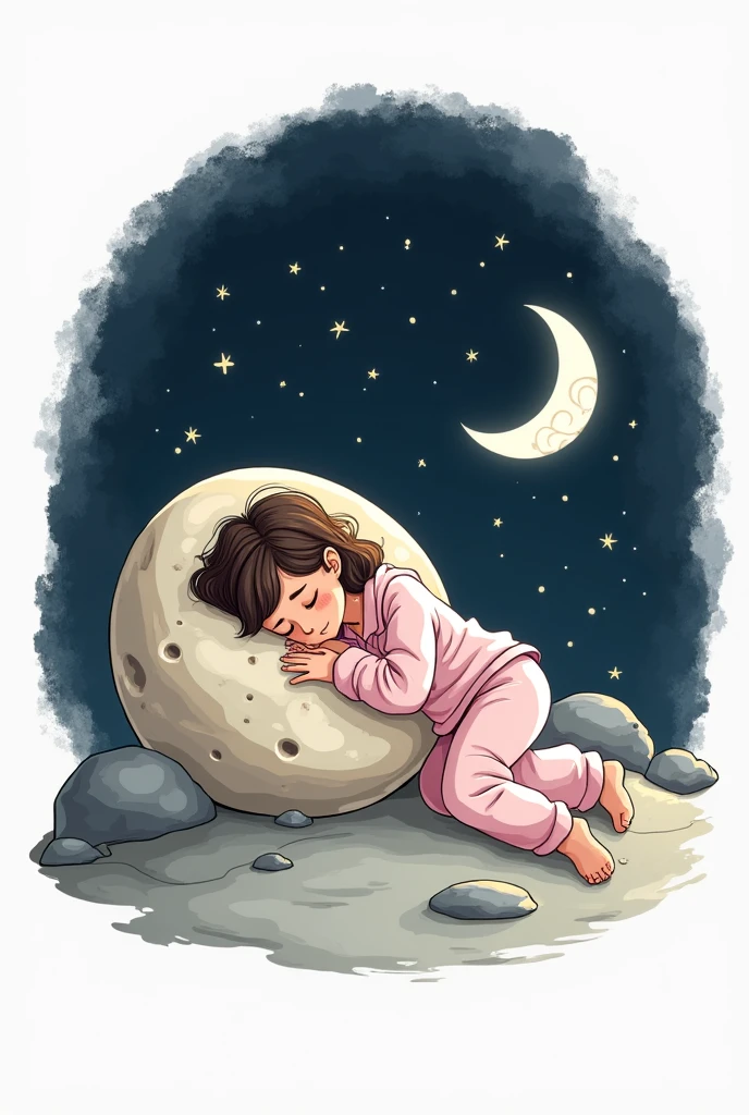 make an art with a white background of a lady in pajamas sleeping on the moon in cartoon style