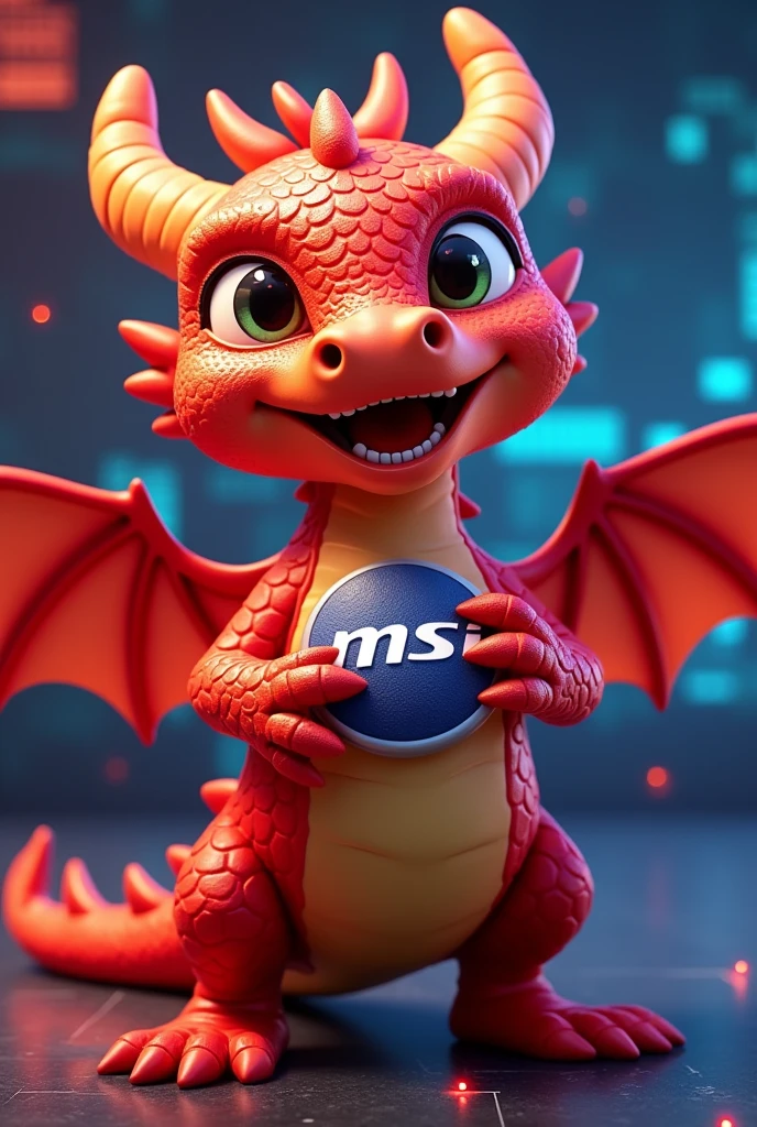 Lucky the dragon from MSI, in a playful, cartoonish style. He has bright red scales with a glossy finish and a cheerful expression. Lucky stands on his hind legs, proudly holding the MSI logo in his front claws. The background is simple, with subtle tech-inspired details like glowing circuit patterns and small neon accents. The scene captures the fun and energetic personality of Lucky, while also highlighting the technological essence of the MSI brand.