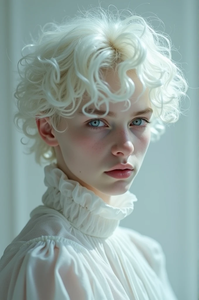 A age boy with white curly hair, white skin, white eyes 