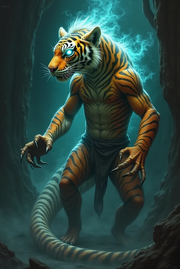 "Design a chameleon and tiger with glowing eyes and intertwined scales and fur, exuding raw, terrifying power."