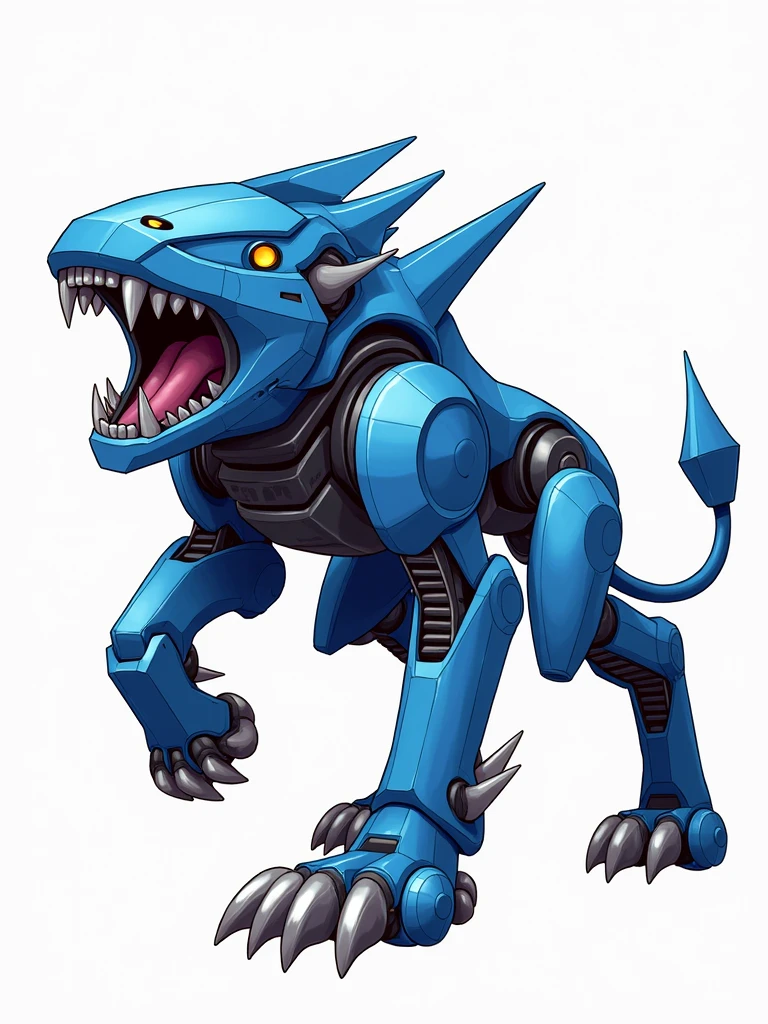 A digital illustration of a robotic creature with a lion-like appearance. The creature is predominantly blue with metallic silver and black accents. It has a large, angular head with a prominent, open mouth displaying sharp teeth. The eyes are covered by a blue, visor-like structure. The body is composed of various mechanical parts, including segmented limbs and a tail with a pointed tip. The overall design is sleek and futuristic, with a combination of sharp edges and smooth surfaces. The illustration style is bold and dynamic, with strong lines and shading to emphasize the mechanical nature of the creature.