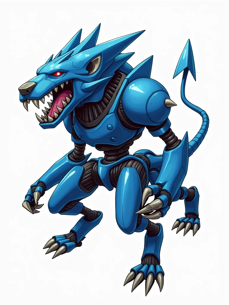 A digital illustration of a robotic creature with a lion-like appearance. The creature is predominantly blue with metallic silver and black accents. It has a large, angular head with a prominent, open mouth displaying sharp teeth. The eyes are covered by a blue, visor-like structure. The body is composed of various mechanical parts, including segmented limbs and a tail with a pointed tip. The overall design is sleek and futuristic, with a combination of sharp edges and smooth surfaces. The illustration style is bold and dynamic, with strong lines and shading to emphasize the mechanical nature of the creature.