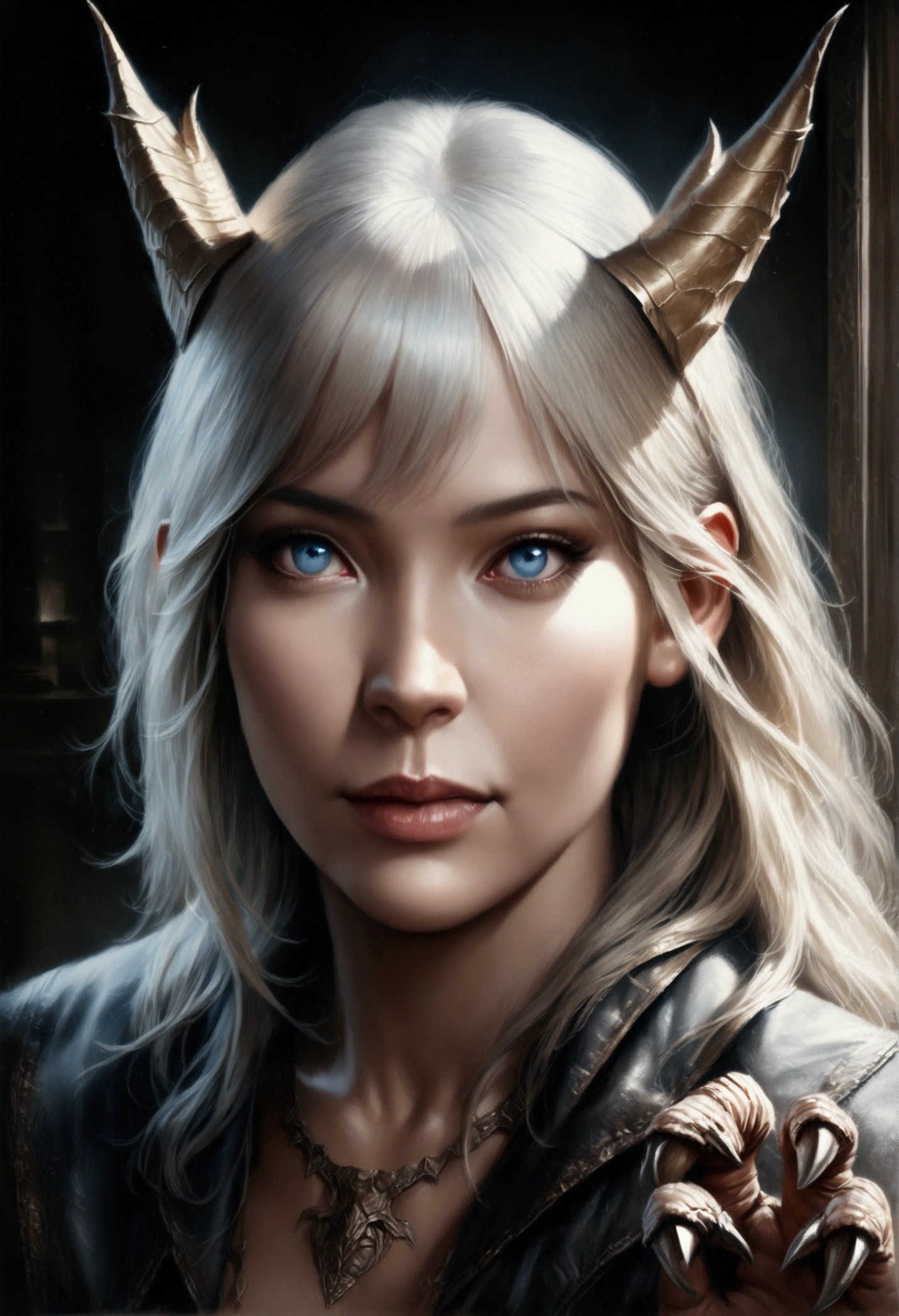 detailed female dragon hybrid, 1girl, white scales, long white hair, blue eyes, small horns, long tail, wings, sharp fangs, clawed hands, (best quality,4k,8k,highres,masterpiece:1.2),ultra-detailed,(realistic,photorealistic,photo-realistic:1.37),digital painting,fantasy,concept art,intricate details,dramatic lighting,cinematic,highly detailed