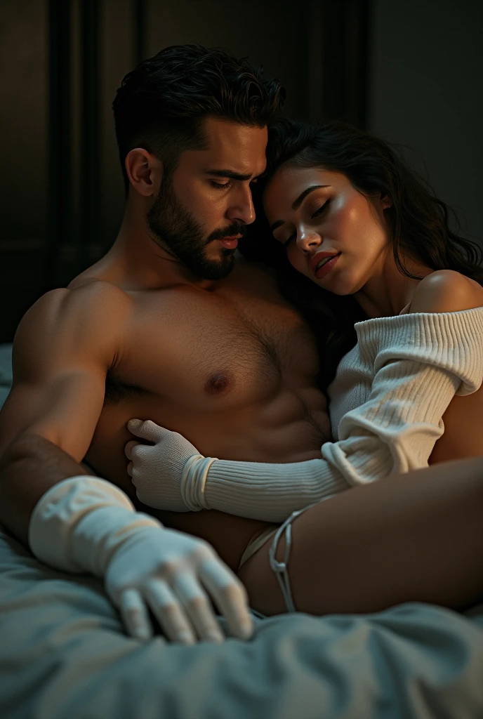 A sexy man with short white surgical gloves and large Nike socks is lying on a woman 