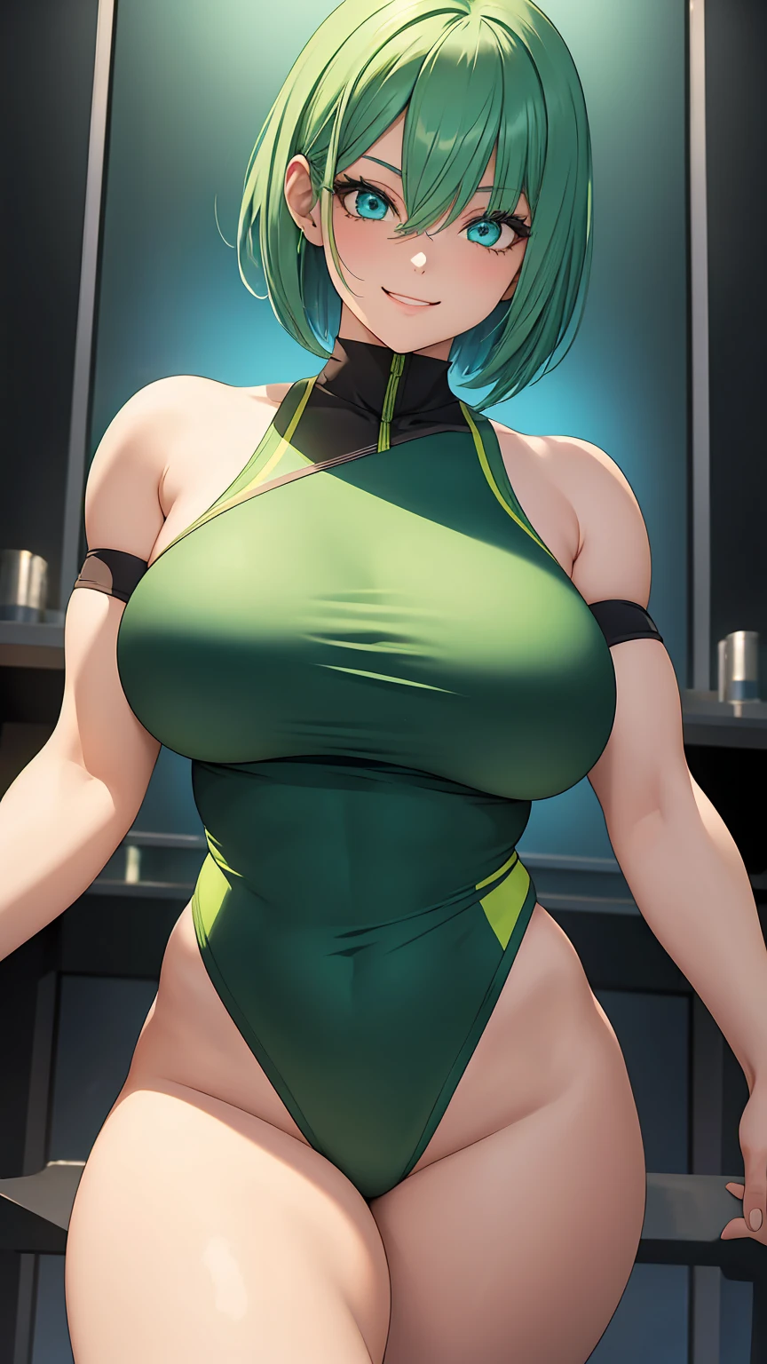 A beautiful green hair woman with short hair and deep blue eyes, gazing condescendingly at the viewer with a cute grinning expression, extremely detailed and realistic, masterpiece quality, ultra-detailed, HDR, studio lighting, vivid colors, physically-based rendering, thick muscular thighs,Cute black gym clothes, large breast